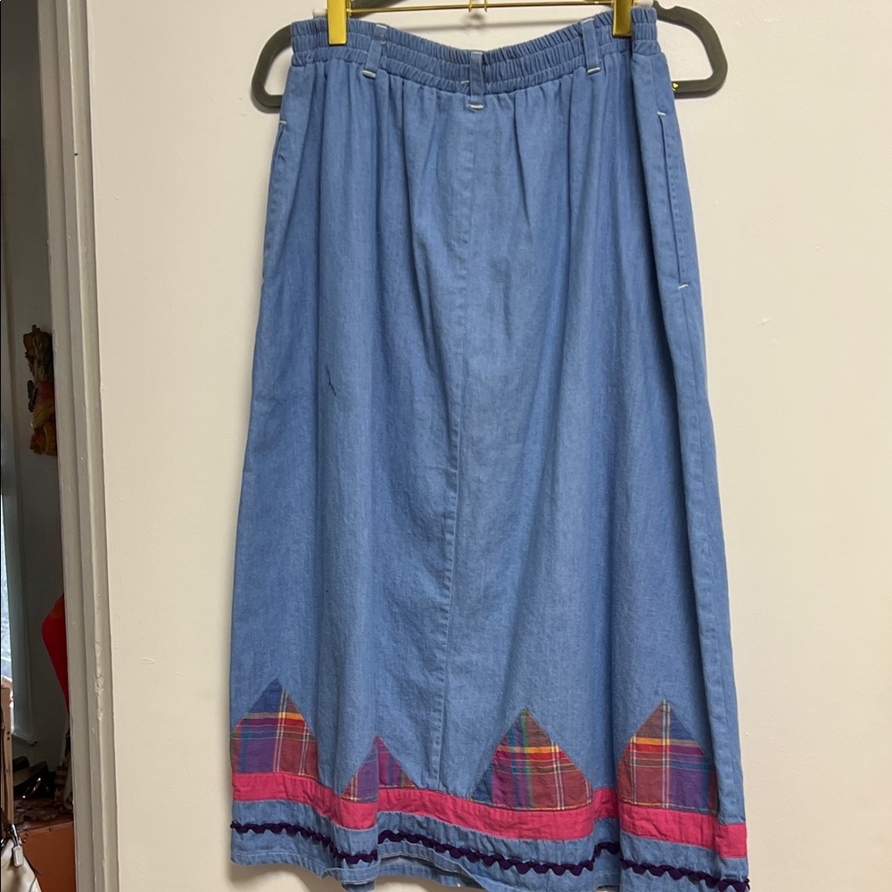 Napa Valley Vintage Denim Blue Midi Skirt Pink Plaid Patchwork Accents Buttons M - Picture 6 of 8